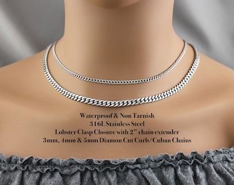 Collar de cadena de plata con corte de diamante, resistente al agua y al deslustre, 3 mm, 4 mm, 5 mm, cadena cubana de acero inoxidable 316L resistente al deslustre, cadena gruesa para superponer.