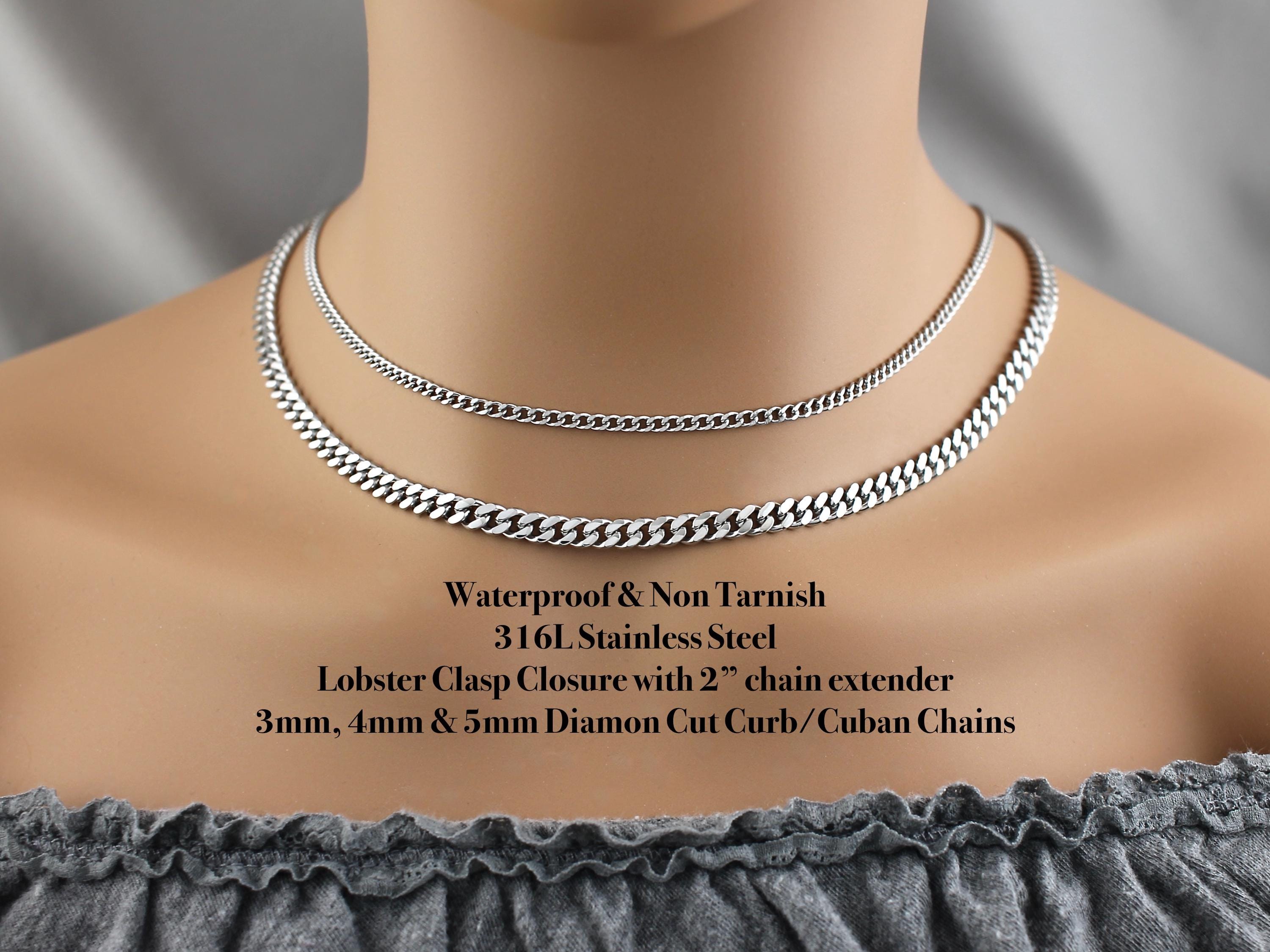 Waterproof Non Tarnish Silver Diamond Cut Chain Necklace, 3mm 4mm