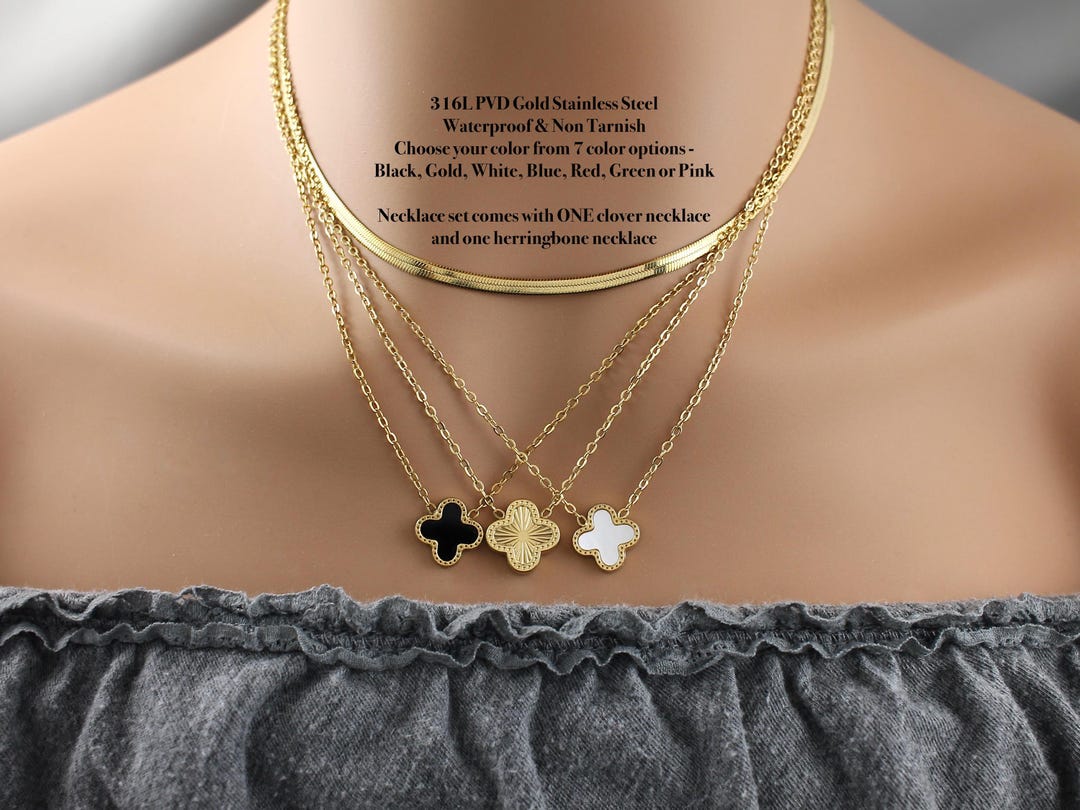 Waterproof Gold Herringbone Clover Necklace Set, 316L Surgical