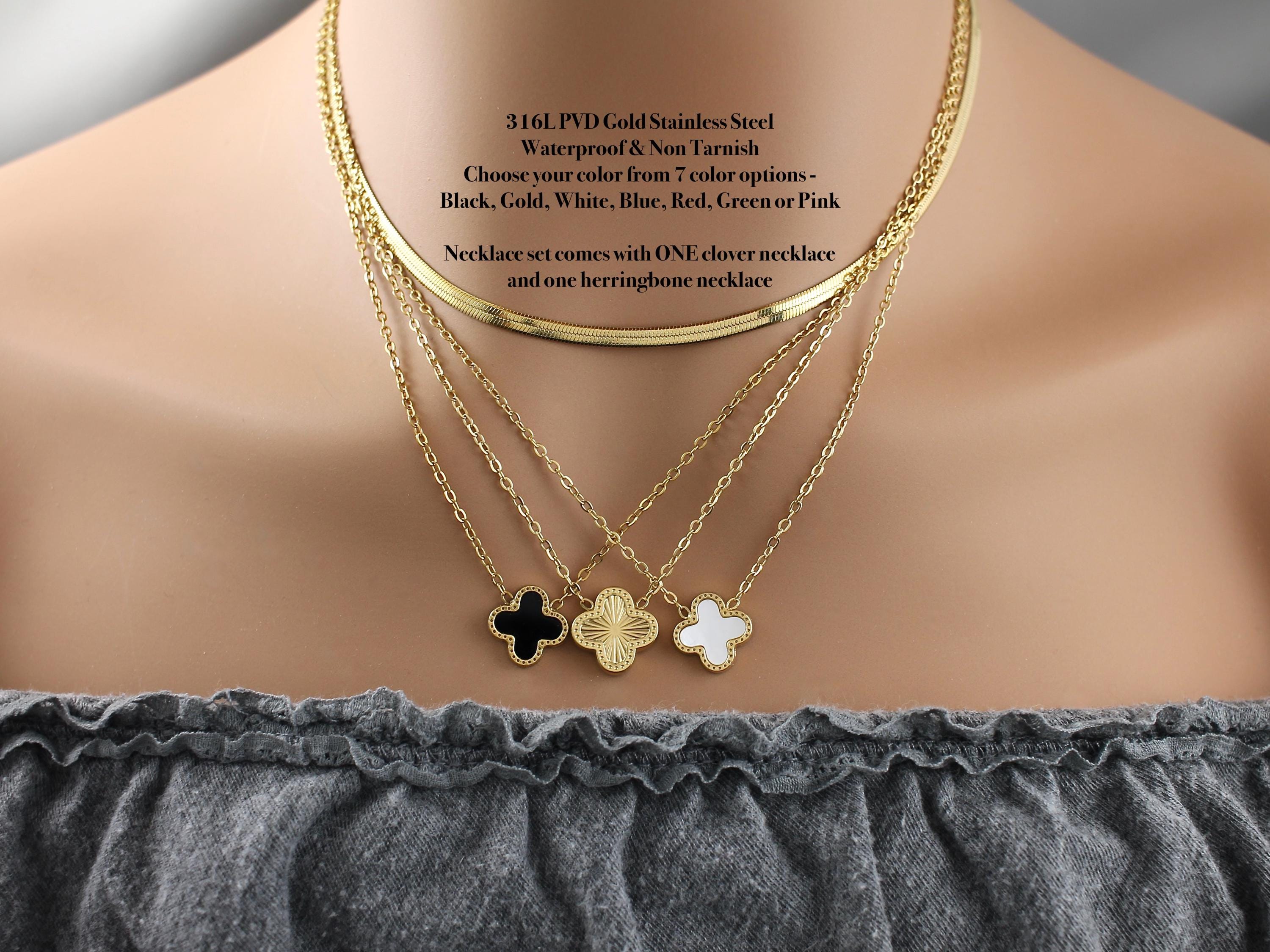 Waterproof Gold Herringbone Clover Necklace Set, 316L Surgical