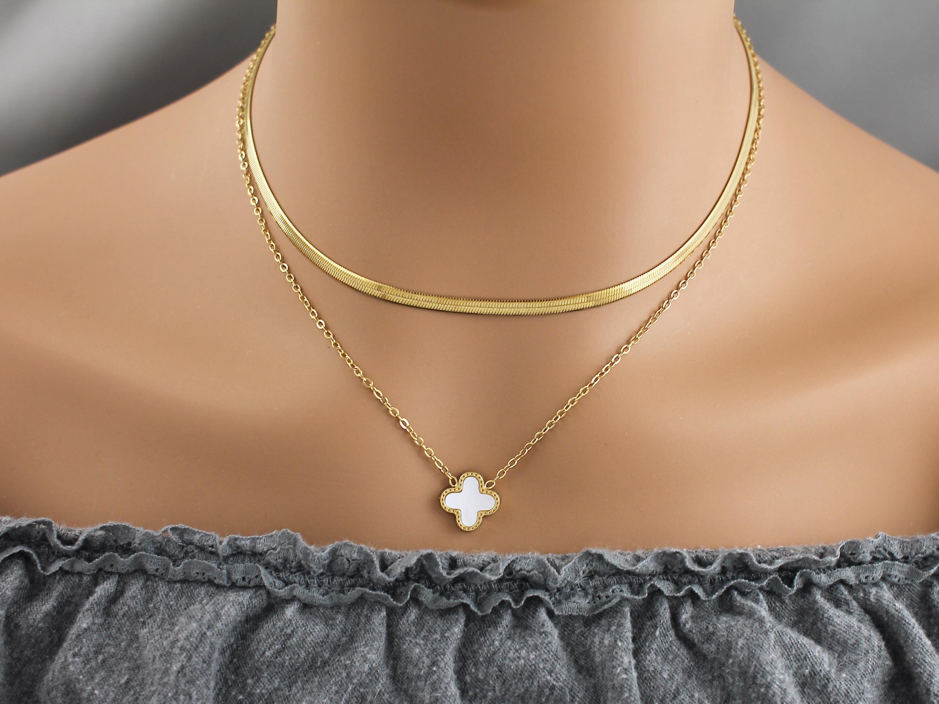 Waterproof Gold Herringbone Clover Necklace Set, 316L Surgical
