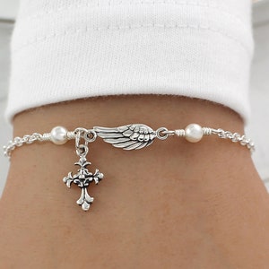 Angel Wing Bracelet Sterling Silver, Angel Wing Pearl Bracelet, Angel Cross Bracelet, Guardian Angel Bracelet, Godmother Gift, Remembrance image 1