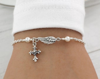 Angel Wing Bracelet Sterling Silver, Angel Wing Pearl Bracelet, Angel Cross Bracelet, Guardian Angel Bracelet, Godmother Gift, Remembrance
