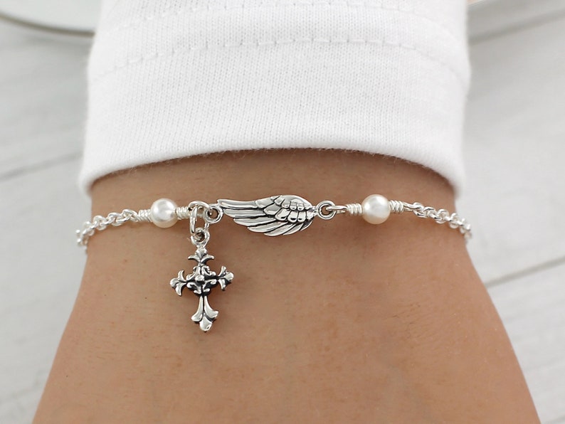 Angel Wing Bracelet Sterling Silver, Angel Wing Pearl Bracelet, Angel Cross Bracelet, Guardian Angel Bracelet, Godmother Gift, Remembrance image 1