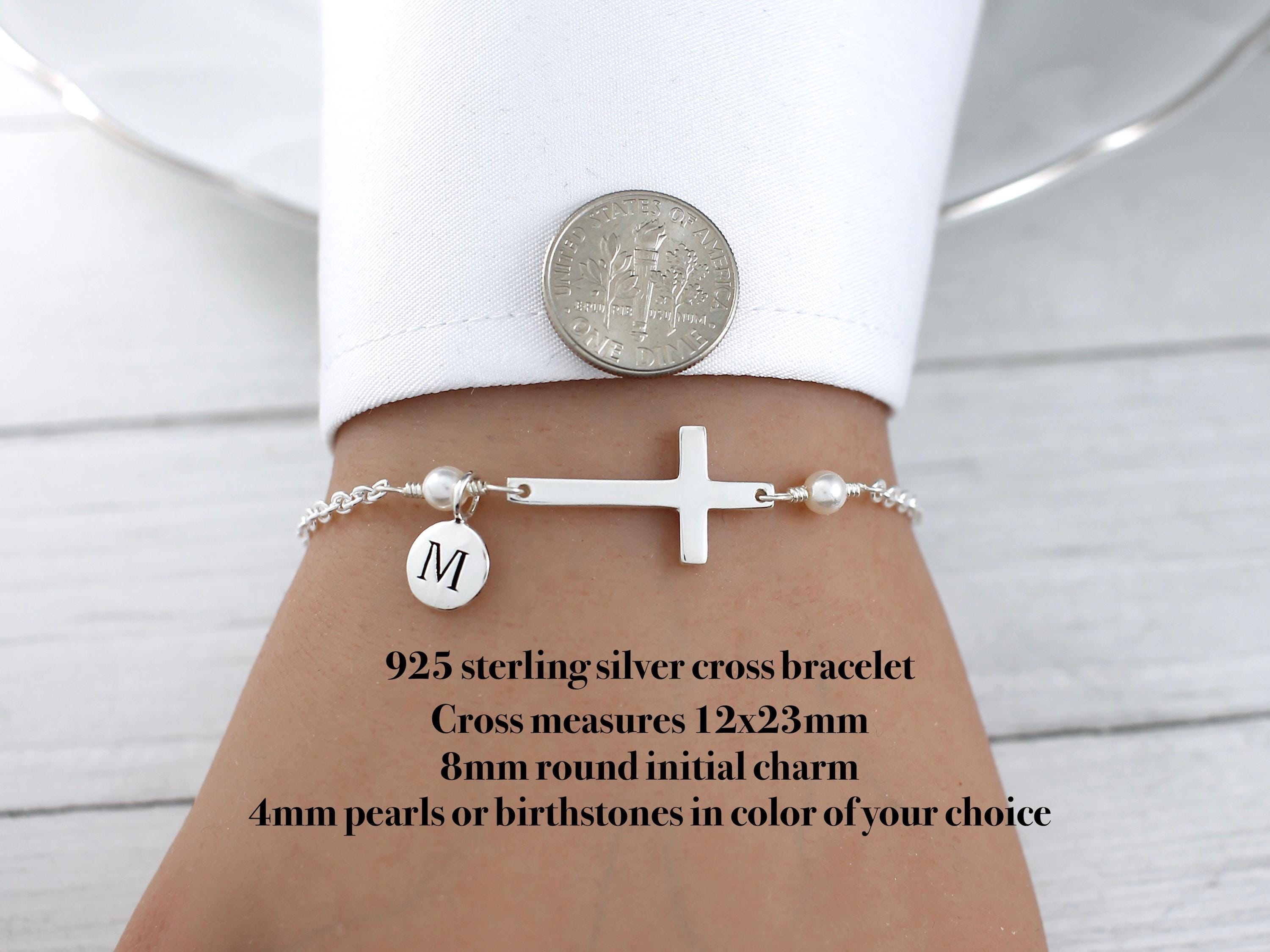 Personalized Cross Bracelet Sideways, Sterling Silver, for Women
