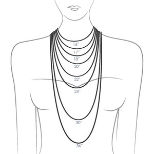May include: A line drawing of a person wearing a necklace with different lengths marked in inches, from 16 inches to 36 inches.  The image shows a guide for necklace lengths based on an average to petite body size.