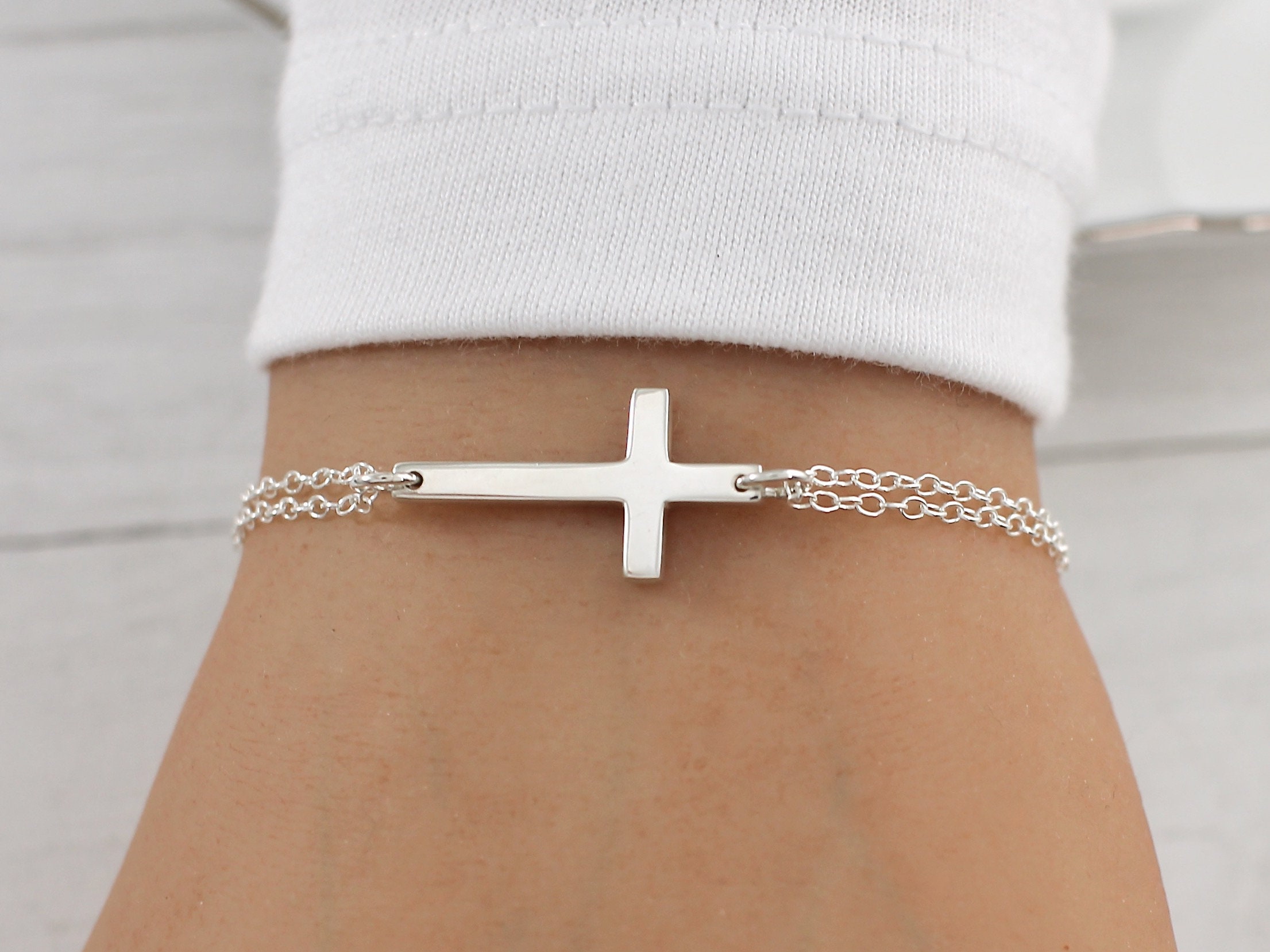 Cross Bracelet Sideways, Sterling Silver, for Women, Sideways