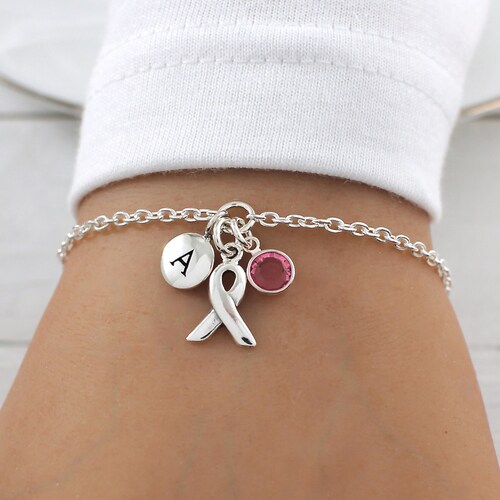 thumbnail image 2 of Breast Awareness Bracelet For Women, Ribbon Charm Beaded 2 of 11