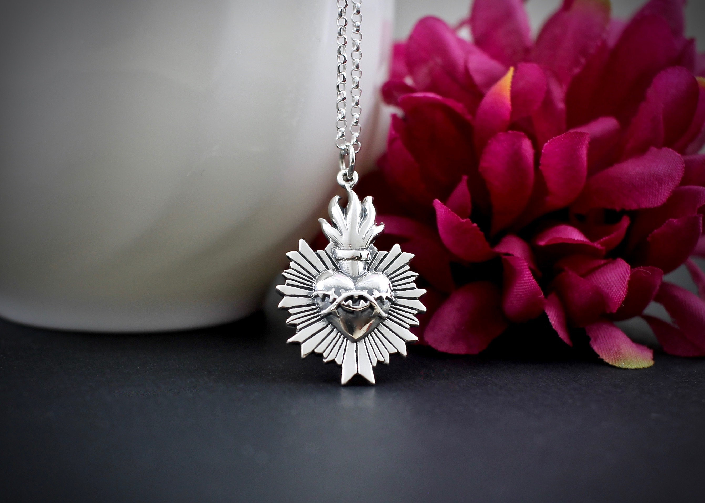 Sterling Silver Sacred Heart Necklace, Catholic Religious Jewelry