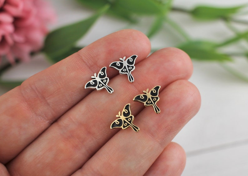 Moth Earrings, Luna Moth Earrings, Gold or Sterling Silver, Stud Earrings, Cottagecore Earrings, Moth Jewelry, Insect Earrings image 6