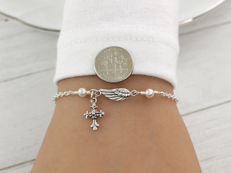 Angel Wing Bracelet Sterling Silver, Angel Wing Pearl Bracelet, Angel Cross Bracelet, Guardian Angel Bracelet, Godmother Gift, Remembrance image 2