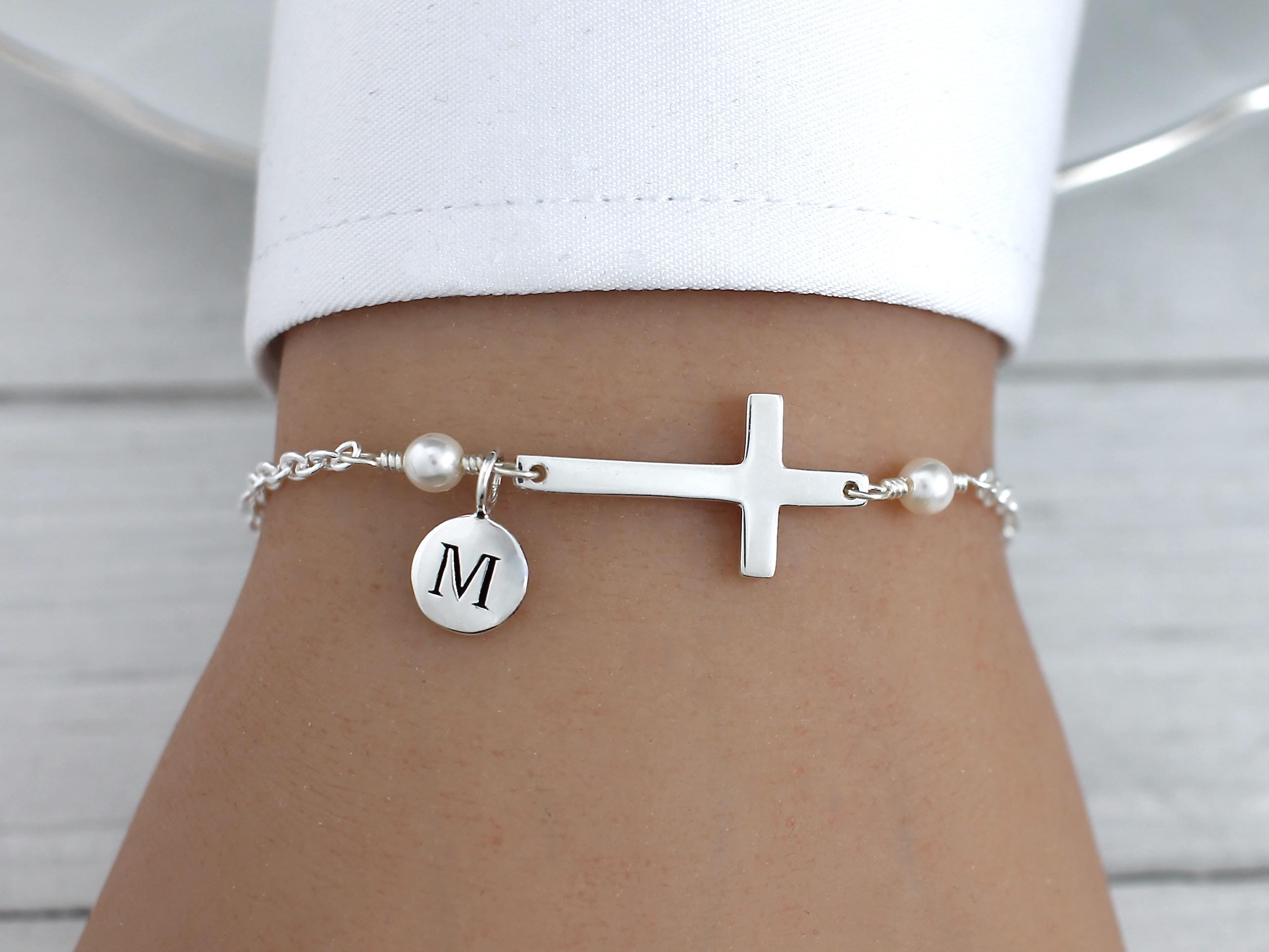 Personalized Cross Bracelet Sideways, Sterling Silver, for Women