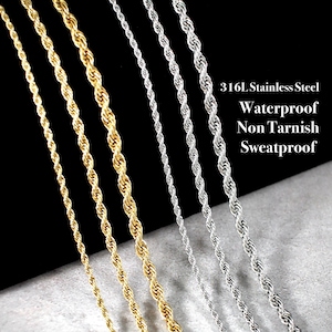 Waterproof Non Tarnish Gold or Silver Rope Chain Necklace, Stainless Steel, 2mm 3mm 4mm Rope Chain for Men Women, Layered Chain Jewelry