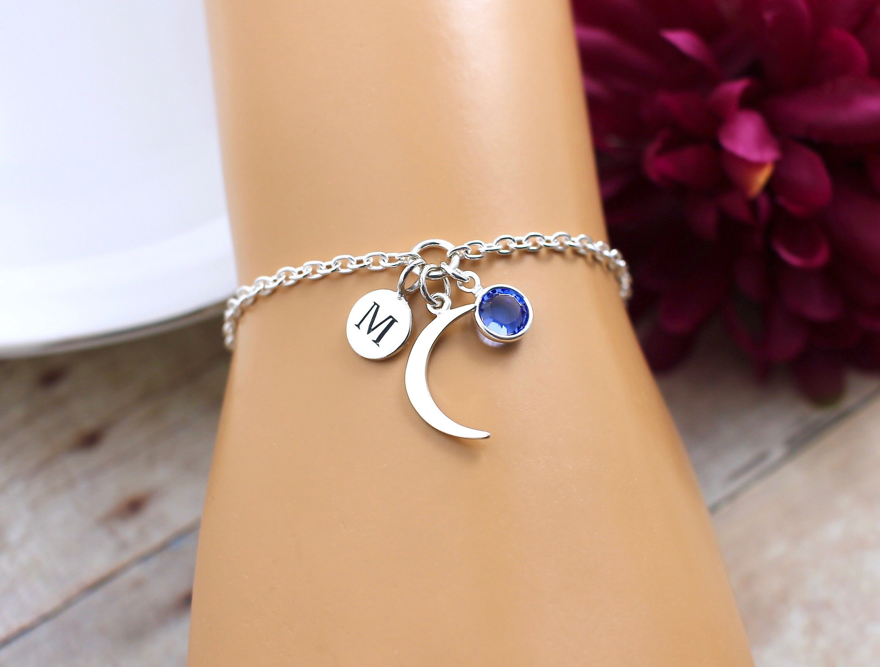 Sterling Silver Crescent Moon Bracelet, Personalized Gifts, Charm Bracelets, Jewelry, for women, Celestial Bracelet, Jewelry, Gifts