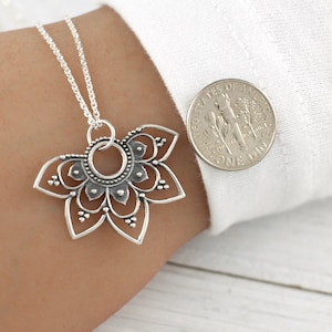 Mandala Necklace, Sterling Silver Half Flower Mandala Pendant Necklace, for Women, Mandala Sun Charm, Yoga Necklace, Yoga Jewelry image 3