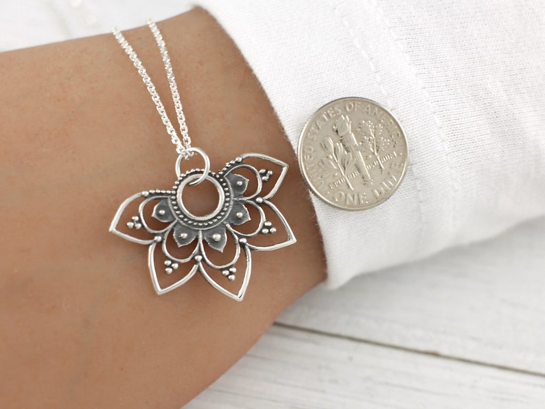 Mandala Necklace, Sterling Silver Half Flower Mandala Pendant Necklace, for Women, Mandala Sun Charm, Yoga Necklace, Yoga Jewelry image 3