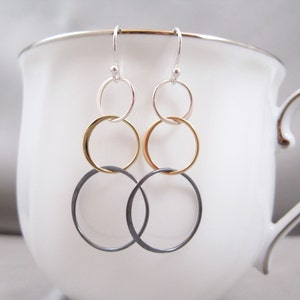 Three Circle Earrings, Mixed Metal, Three Eternity Circle Earrings, Three Interlocking Circle Earrings, Entwined Rings, Eternity Circle