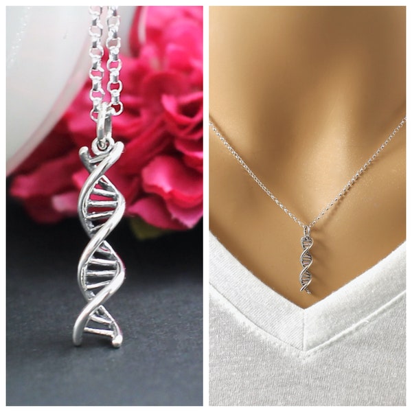 Sterling Silver DNA Double Helix Necklace, Women in Science Biology Charm Jewelry Molecule Molecular Biologist Medical Deoxyribonucleic Acid