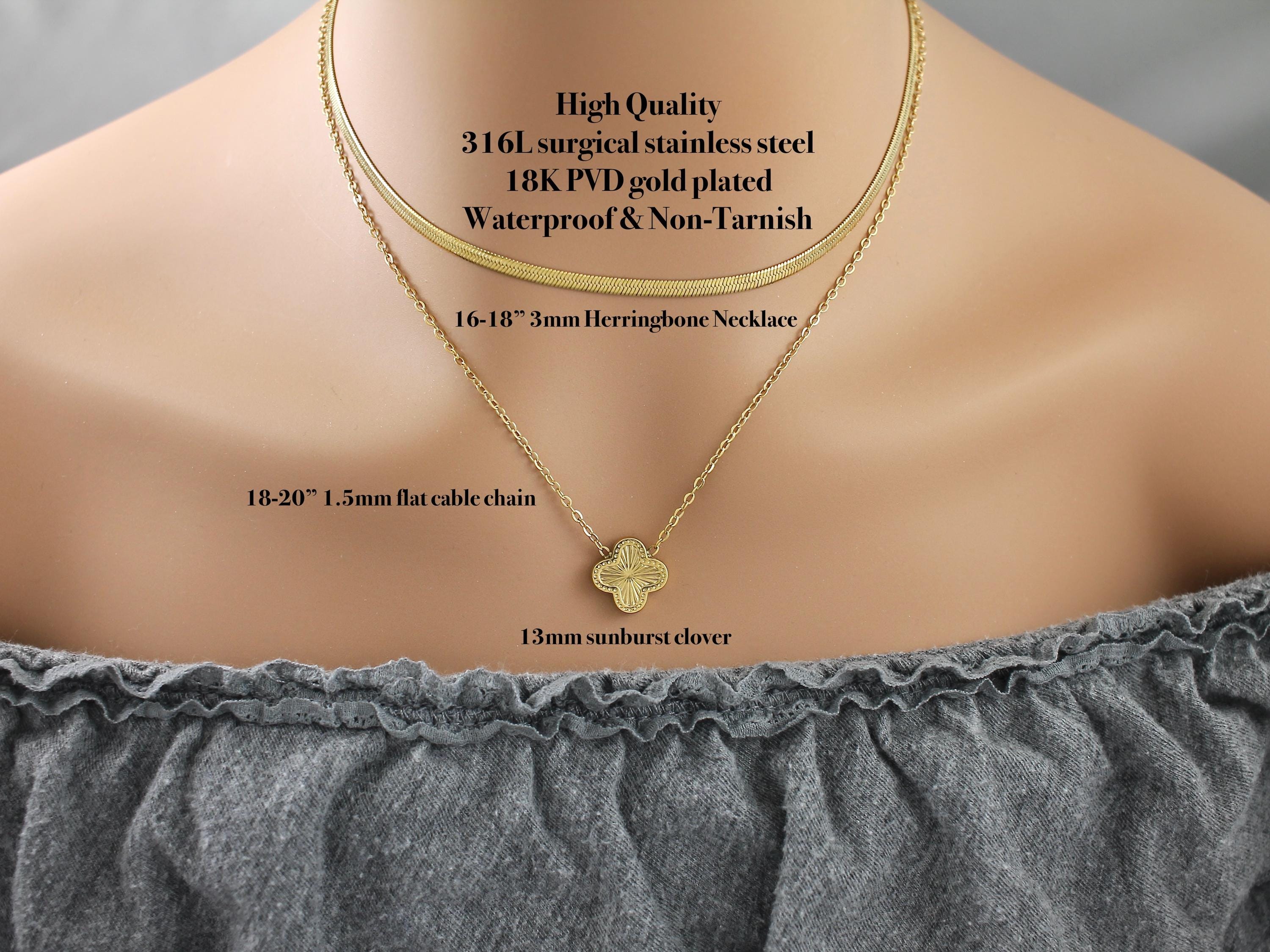 Waterproof Gold Herringbone Clover Necklace Set, 316L Surgical