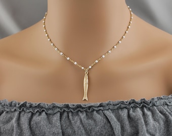 Gold Sardine Necklace, Sardine Girl Summer, Fish Pendant, Minimalist Coastal Jewelry, Portuguese Ocean Lover Gift