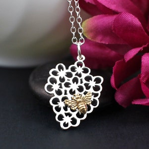 Bumble Bee Honey Bee Necklace, Honeycomb Necklace, Bee Flower, Sterling Silver, Charm Necklace, Jewelry, Bee Gifts for women, Beekeeper Gift