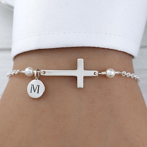 Personalized Cross Bracelet Sideways, Sterling Silver, for Women, Sideways Cross Bracelet, Godmother Gift, Jewelry, Religious Cross Bracelet