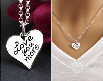 Love you More Necklace, Heart Necklace, Love Necklace, Sterling Silver, Jewelry, Charm Necklace, Choker Necklace, Love Heart Necklace