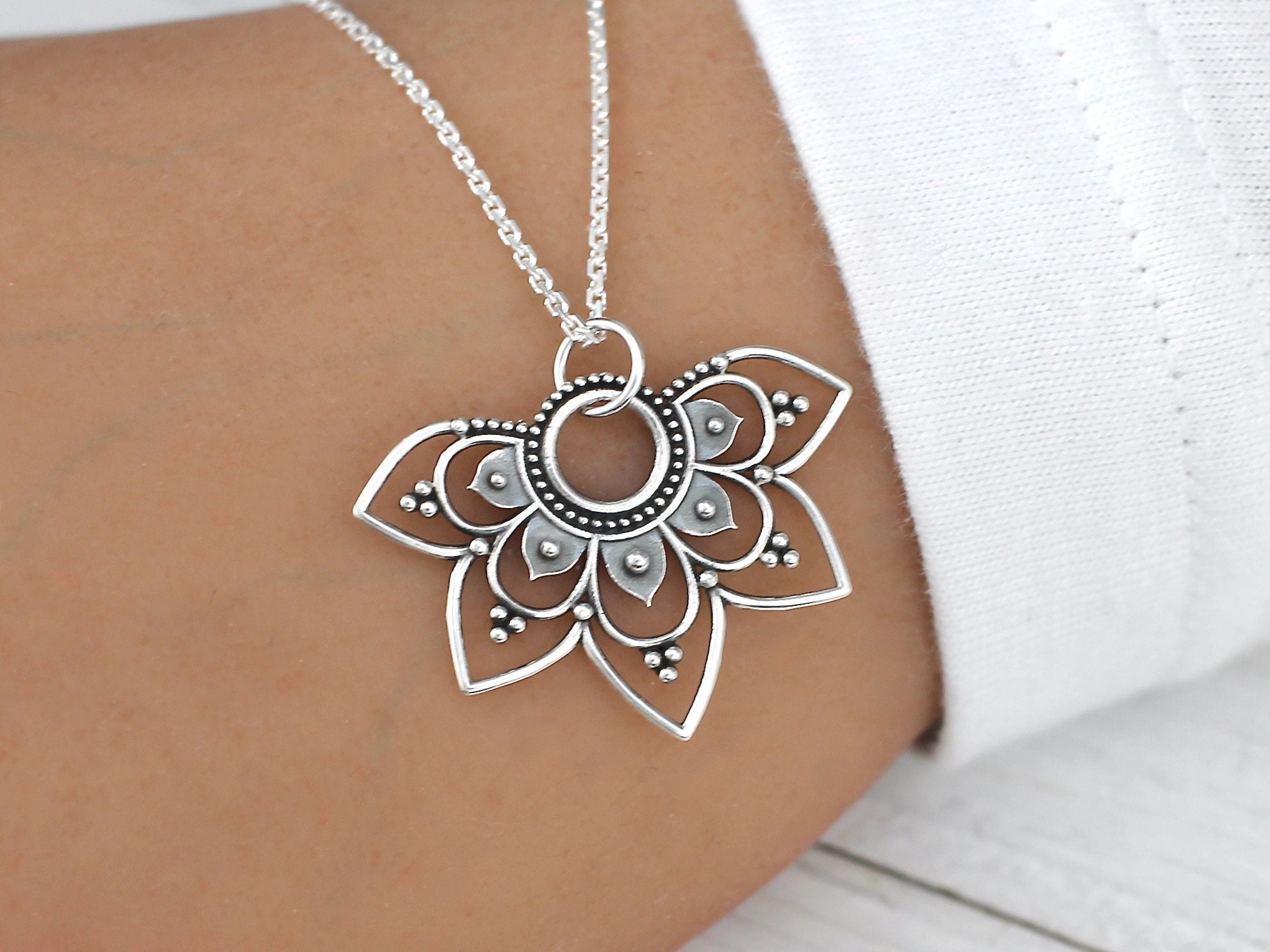 Mandala Necklace, Sterling Silver Half Flower Mandala Pendant Necklace, for Women, Mandala Sun Charm, Yoga Necklace, Yoga Jewelry