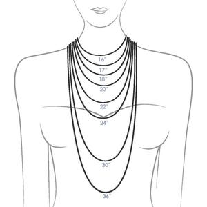 May include: A line drawing of a person wearing a necklace with different lengths marked in inches, from 16 inches to 36 inches.  Chain Reference Guide. Length Guide shown is based on an Average to Petite Body Size.