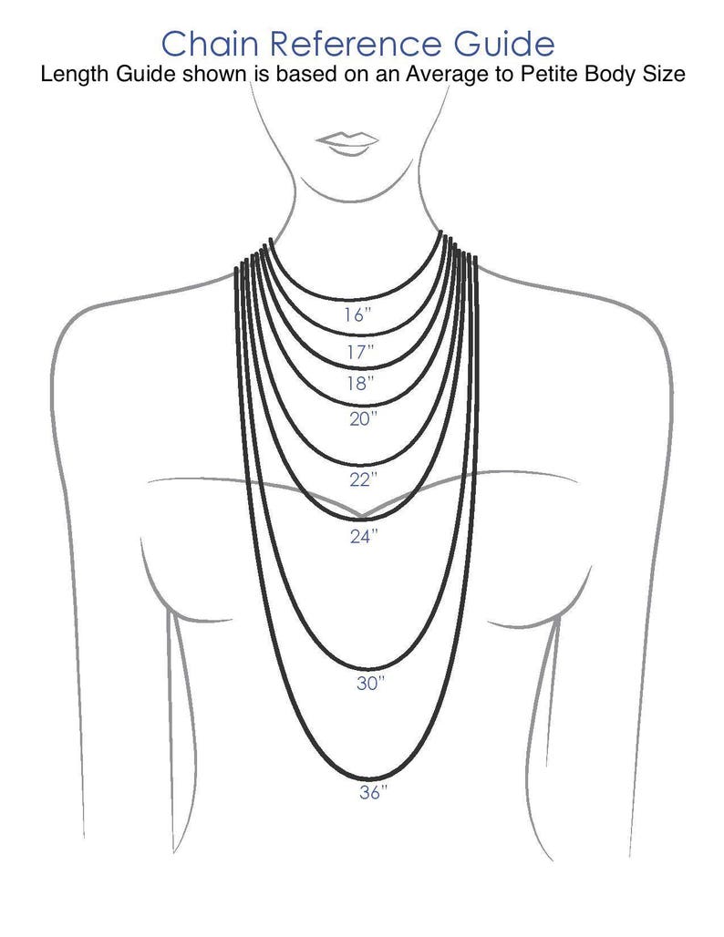 May include: A line drawing of a person wearing a necklace with different lengths marked in inches, from 16 inches to 36 inches.  Chain Reference Guide. Length Guide shown is based on an Average to Petite Body Size.