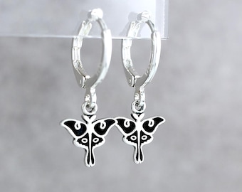 Sterling Silver Lunar Moth Huggie Hoop Earrings, Gothic Jewelry