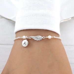 Personalized Angel Wing Bracelet Sterling Silver, Angel Wing Pearl Bracelet, Pearl Bracelet, Guardian Angel Bracelet, Remembrance