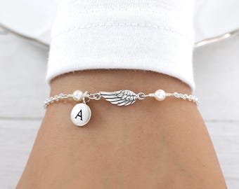 Personalized Angel Wing Bracelet Sterling Silver, Angel Wing Pearl Bracelet, Pearl Bracelet, Guardian Angel Bracelet, Remembrance