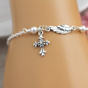 Angel Wing Bracelet Sterling Silver, Angel Wing Pearl Bracelet, Angel Cross Bracelet, Guardian Angel Bracelet, Godmother Gift, Remembrance image 6