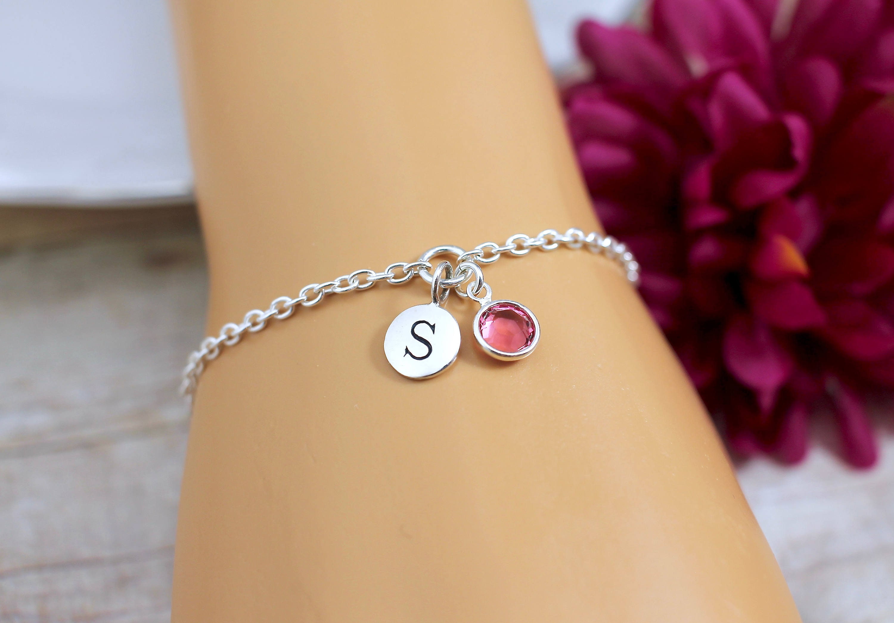 Sterling Silver Mothers Bracelet with Names and Birthstones