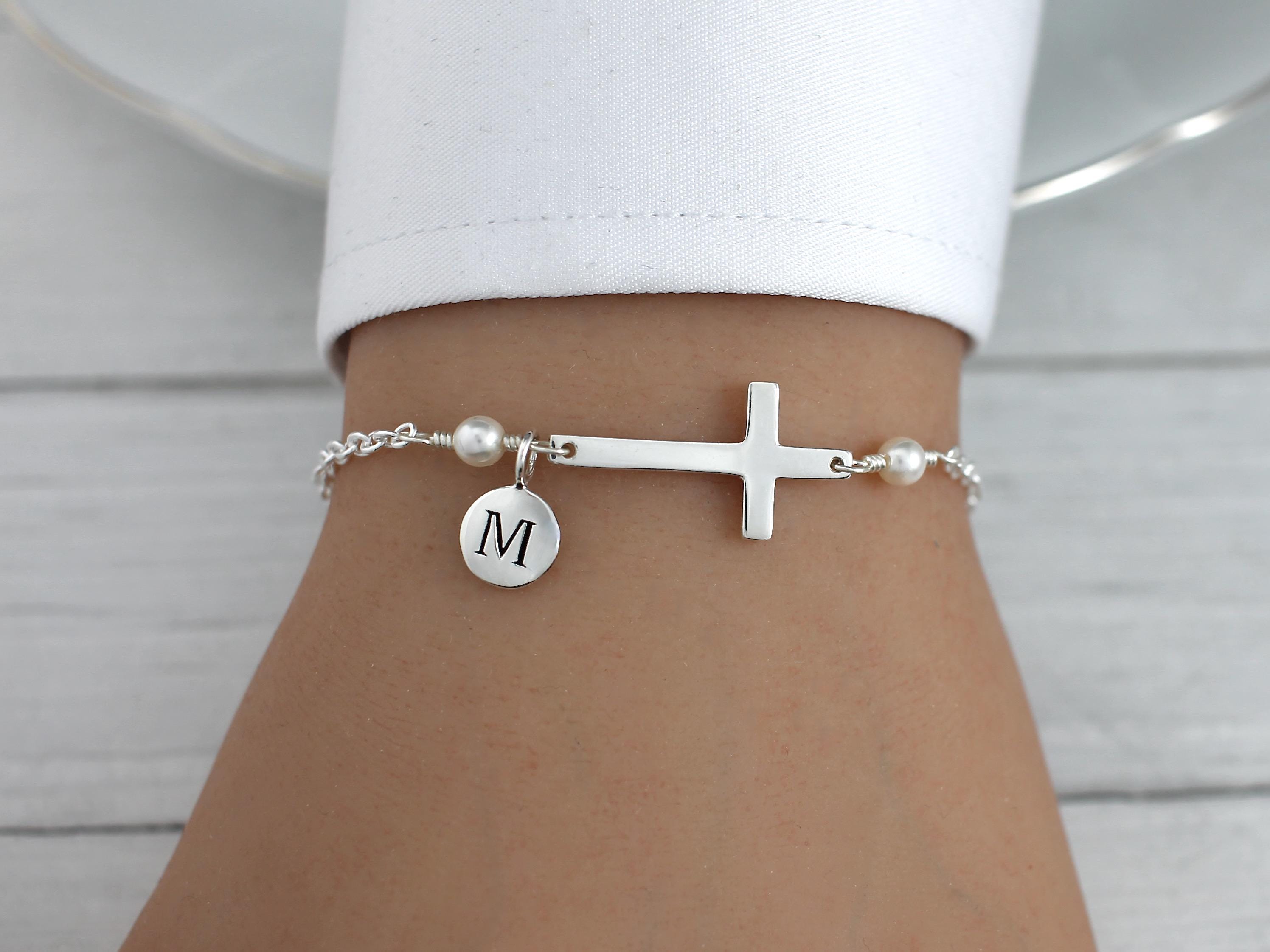 Personalized Cross Bracelet Sideways, Sterling Silver, for Women