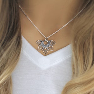 Mandala Necklace, Sterling Silver Half Flower Mandala Pendant Necklace, for Women, Mandala Sun Charm, Yoga Necklace, Yoga Jewelry image 2