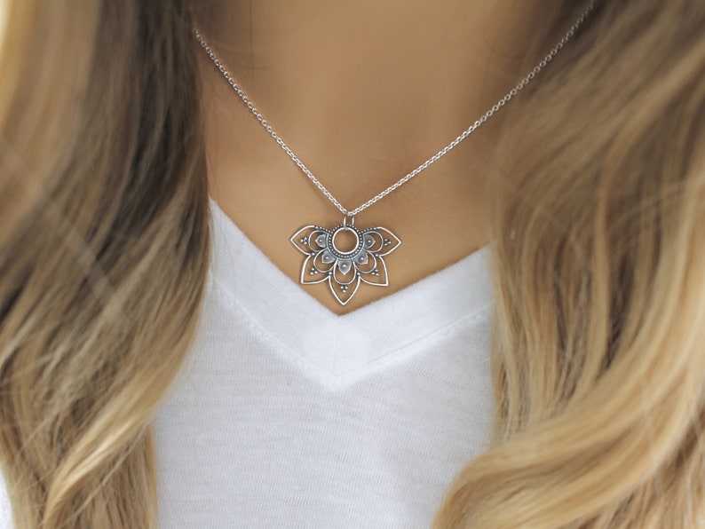 Mandala Necklace, Sterling Silver Half Flower Mandala Pendant Necklace, for Women, Mandala Sun Charm, Yoga Necklace, Yoga Jewelry image 2