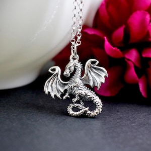 Sterling Silver Dragon Necklace, Silver Dragon Pendant Necklace, Realistic Dragon Necklace, Fairy Tale Dragon Necklace, Dragon Pendant Charm