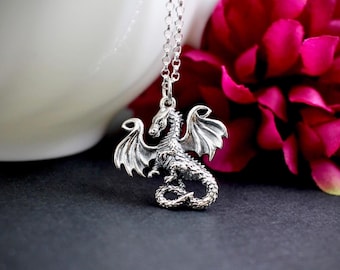 Sterling Silver Dragon Necklace, Silver Dragon Pendant Necklace, Realistic Dragon Necklace, Fairy Tale Dragon Necklace, Dragon Pendant Charm