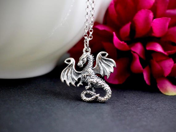 Sterling Silver Dragon Necklace, Silver Dragon Pendant Necklace, Realistic Dragon Necklace, Fairy Tale Dragon Necklace, Dragon Pendant Charm