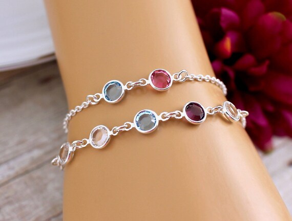 Sterling Silver Mothers Bracelet with Names and Birthstones