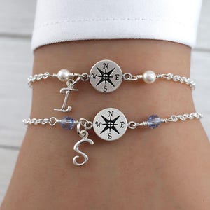 Sterling Silver Compass Bracelet with Initial | Graduation Gift, Retirement Jewelry, Personalized Travel Bracelet, Adventure Awaits Gift