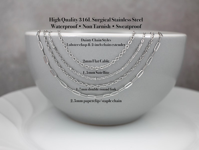 Waterproof, non-tarnish 316L stainless steel chain options