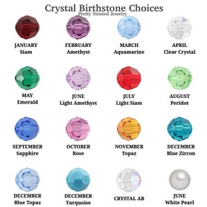 May include: A chart showing the birthstones for each month of the year. The chart features a crystal bead for each month, with the name of the month and the birthstone listed below each bead.