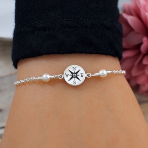 Compass Bracelet, Sterling Silver, Pearl Bracelet, Retirement Bracelet for Women, Graduation Bracelet, Retirement Graduation Gift