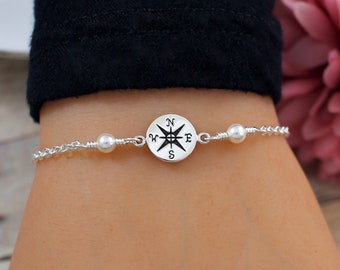 Compass Bracelet, Sterling Silver, Pearl Bracelet, Retirement Bracelet for Women, Graduation Bracelet, Retirement Graduation Gift