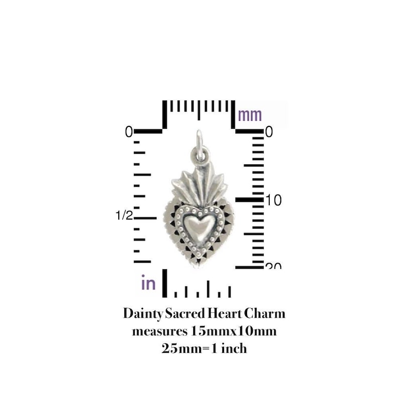 May include: A silver charm in the shape of a sacred heart with a white center and a detailed design. The charm measures 15mm by 10mm.