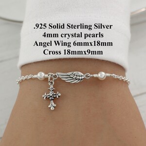 Angel Wing Bracelet Sterling Silver, Angel Wing Pearl Bracelet, Angel Cross Bracelet, Guardian Angel Bracelet, Godmother Gift, Remembrance image 4