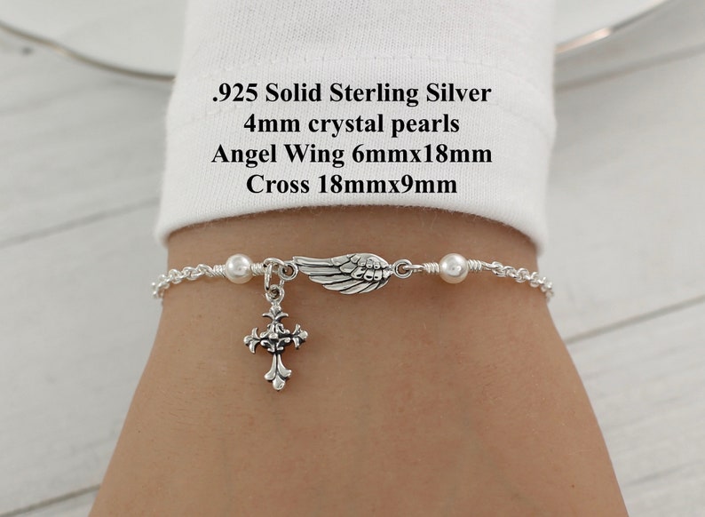 Angel Wing Bracelet Sterling Silver, Angel Wing Pearl Bracelet, Angel Cross Bracelet, Guardian Angel Bracelet, Godmother Gift, Remembrance image 4